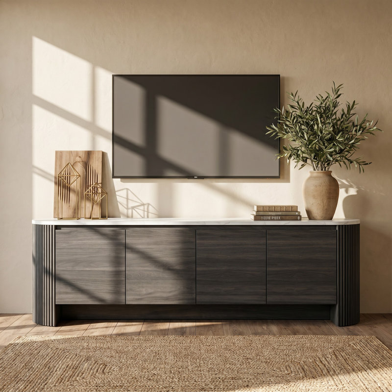 Cove Fluted 70.8" TV Stand for TVs up to 85", Entertainment Center With 4 Storage Cabinets, Black Gray