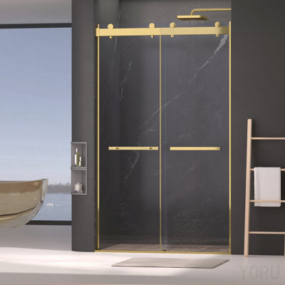 Double porte de douche coulissante sans cadre de l 44 à 48 po x H 75 po, porte de douche coulissante avec porte de douche en verre trempé transparent de 5/16 po (8 mm), conception silencieuse à fermeture en douceur, salle de bain facile à nettoyer, or brossé