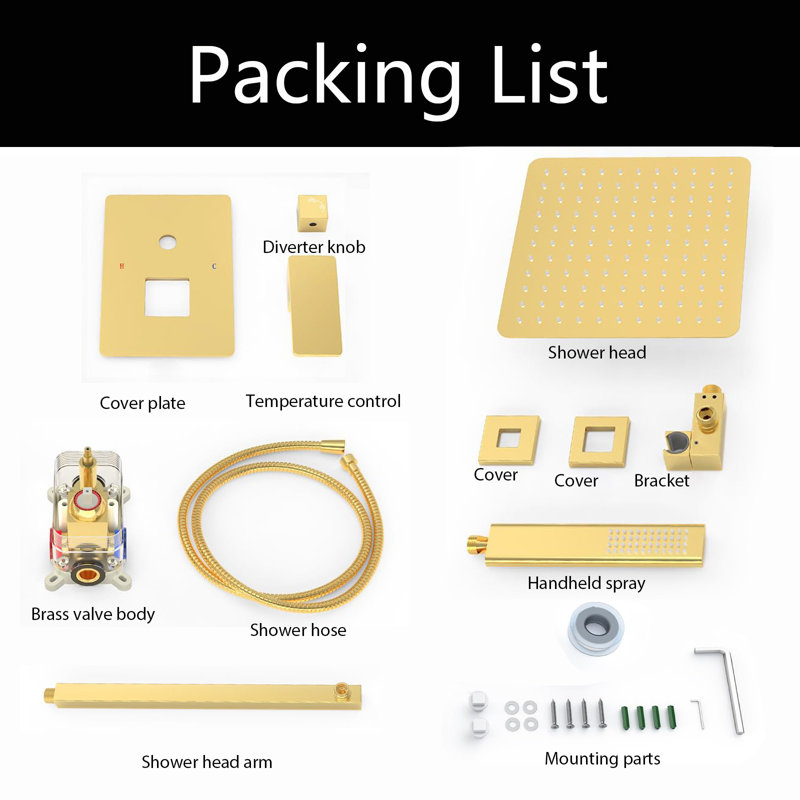 12 Inch Shower Head and Handheld, Wall Mounted Shower Faucet Combo Set, Brushed Gold