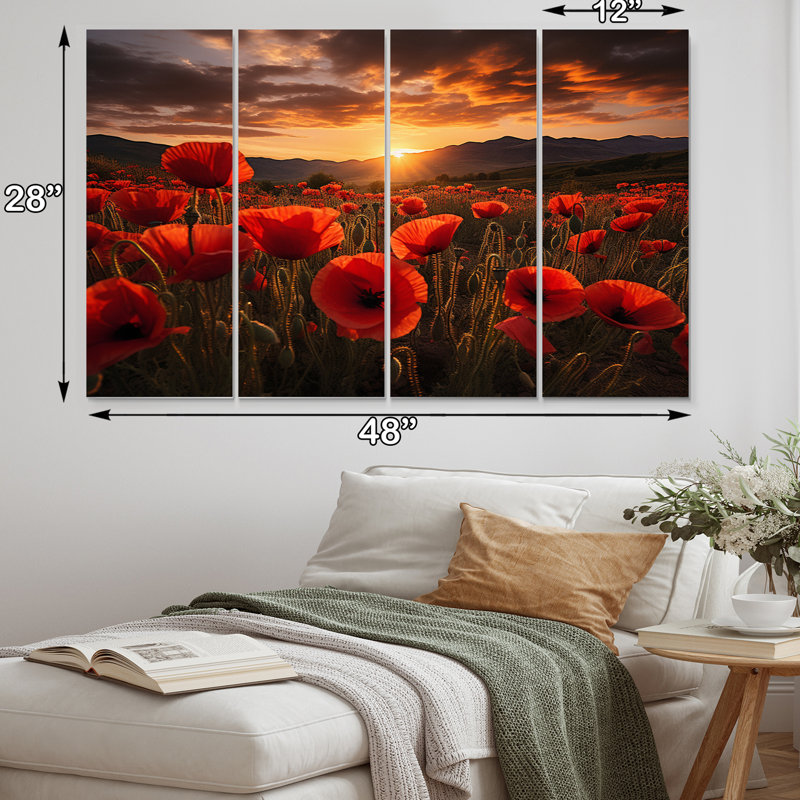 " Poppies Field With Sunset " 4 - Pieces