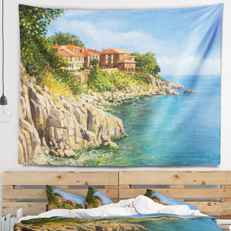 Peinture bleu été tapisserie de mer Landscape, H 68 po x l 80 po