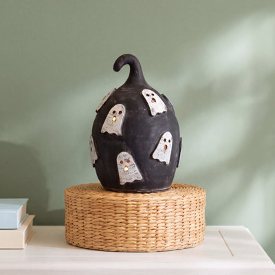 BLACK CLAY PUMPKIN WITH GHOSTS LUMINARY