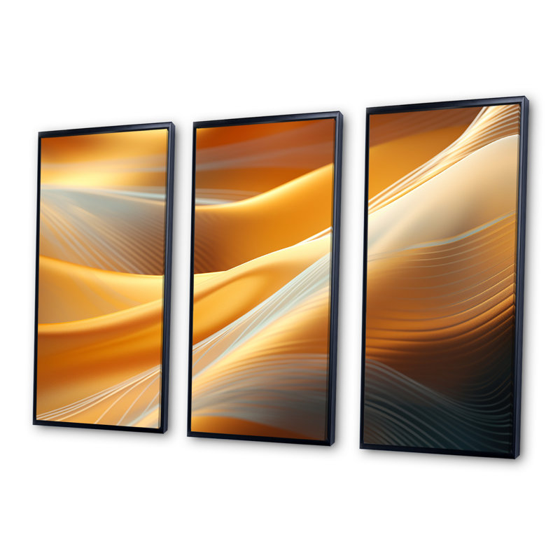 Serene Streams Shades of Gold - ensemble de décorations murales Vagues, Cadre flottant noir, H 32 po x l 48 po x P 1 po