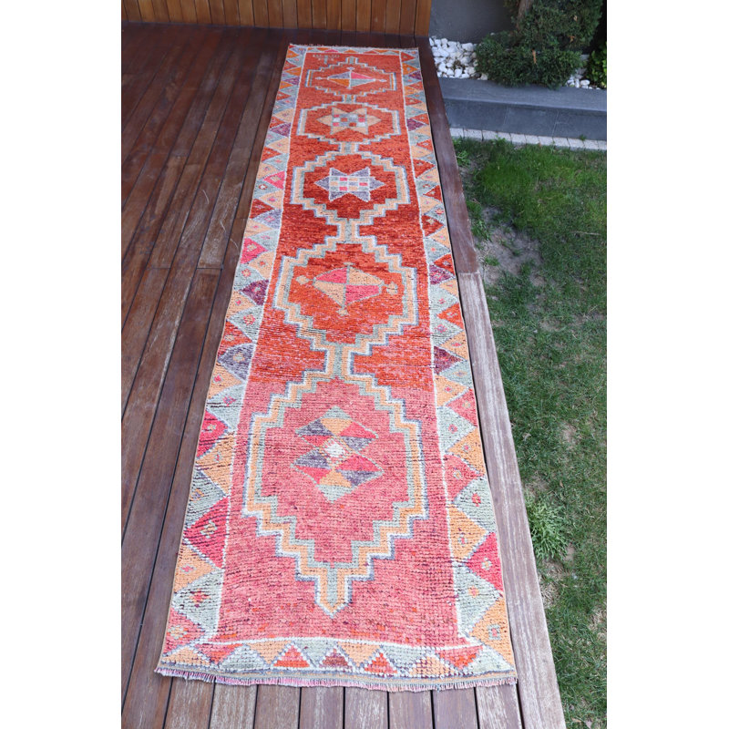 Tapis de couloir rétro Anatolian Herki avec frange orange pour couloir