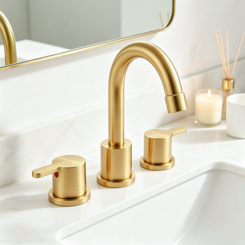 Robinet de salle de bain moderne à large entraxe avec bec pivotant à arc élevé, bonde escamotable et conduites d'alimentation