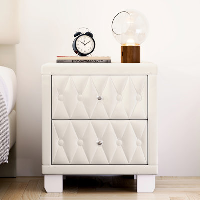 Séduisante, beige, table de chevet en velours, 2 tiroirs, garniture de cristal, style boutons, organisation de chambre à coucher élégante, aspect embelli,