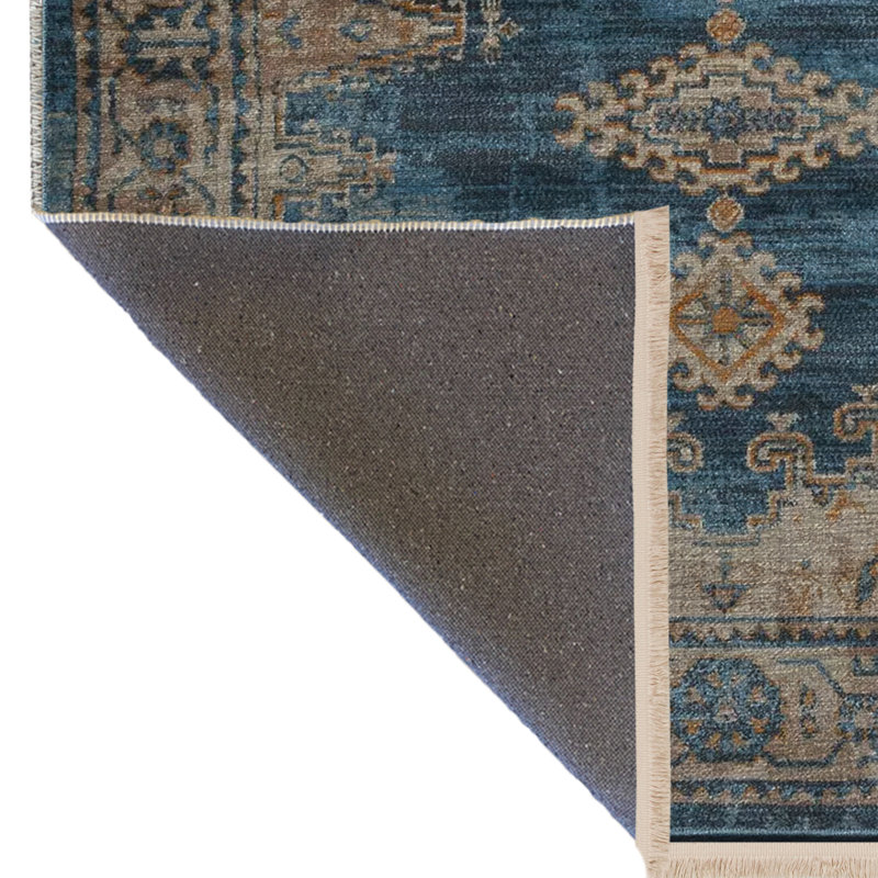 Tapis décoratif à motif frangé à motif traditionnel bleu et jaune, Rectangle 3 pi 4 po x 5 pi