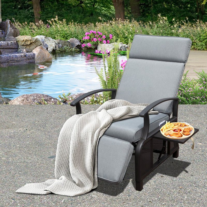 Gray Metal Patio Recliner With 150 - Degree Adjustable Angle, 6.8'' Thick Removable Cushions, And Flip Table Outdoor Reclining Chair Recline, Ergonomic , 350Lbs Support