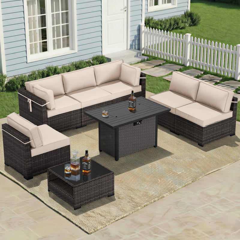 6-Person All-Weather Rattan Modular Outdoor Lounge Set with Plush Cushions and Integrated Fire Pit Table, Beige, Brown/Gray