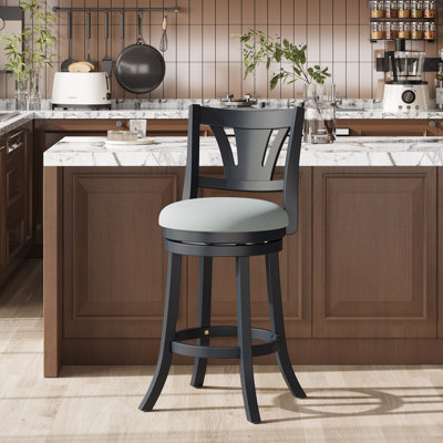 Upholstered Swivel Bar Stools with Curved Backrest & Solid Rubber Wood Legs