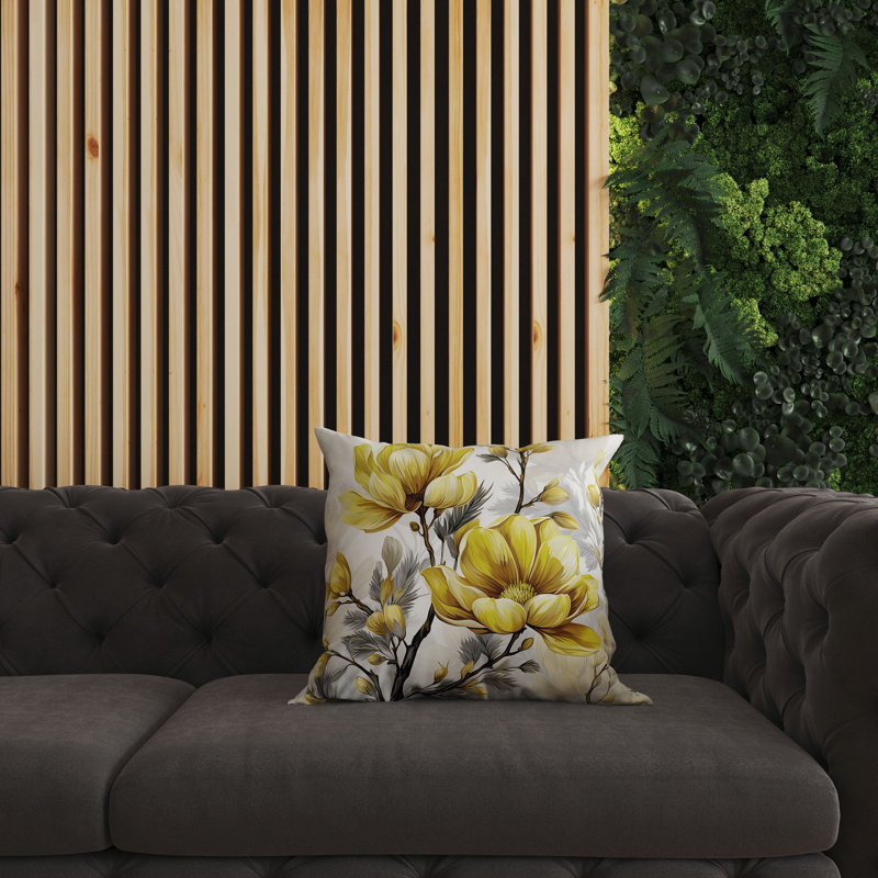 Yellow and Gray Floral Broadcloth Indoor/Outdoor Pillow