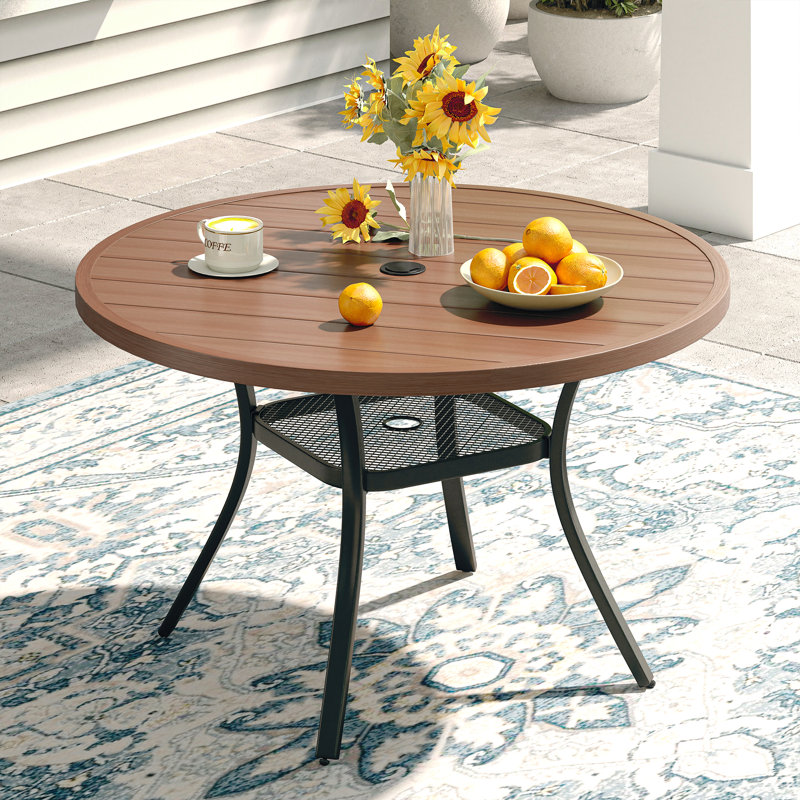 Round Metal Outdoor Dining Table With Umbrella Hole, Walnut/Black, 41.7"