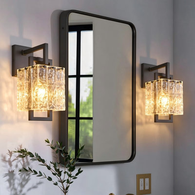 Appliques murales modernes noires (ensemble de deux) - Appliques murales intérieures en cristal et verre ondulé à fixation murale pour meuble-lavabo et plus