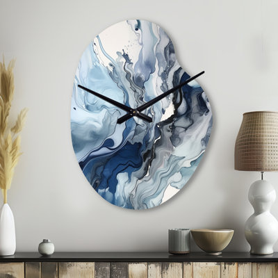 Blue and Grey Ethereal Elixir II - Abstract Asymmetrical Metal Wall Clock, Blue Freeform Wall Clock Print