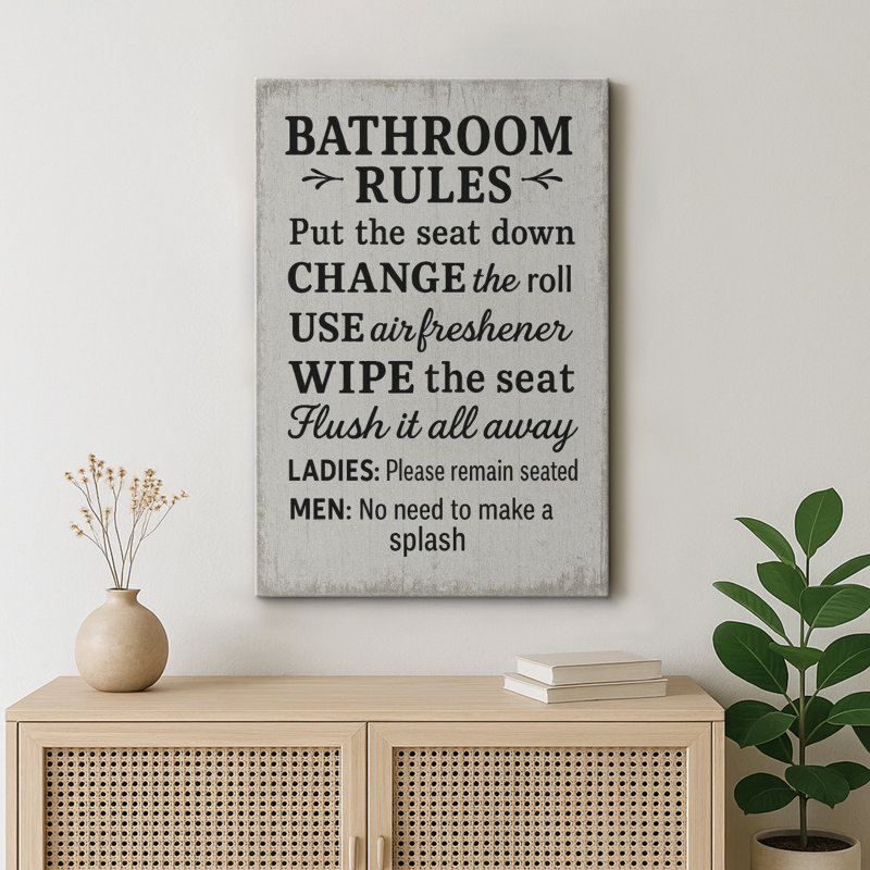 "Bathroom Rules", art mural, impression sur toile, impression sur toile encadrée, H 48 po x l 32 po, Gris froid, Toile tendue