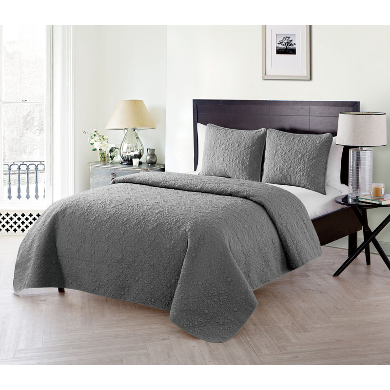 King Size Taupe Microfiber Floral Embossed Quilt Set