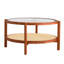 Table basse ronde moderne avec base en bois massif, plateau en verre artisanal et table à deux étages Pe