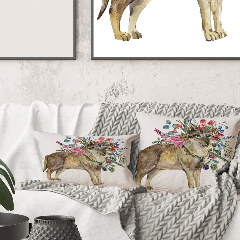 Carré, loup avec des fleurs de la forêt - coussin décoratif imprimé maison de campagne, 18" x 18"