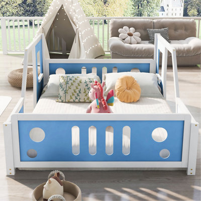 Full Size Classic Car-Shaped Platform Bed With Wheels,Blue