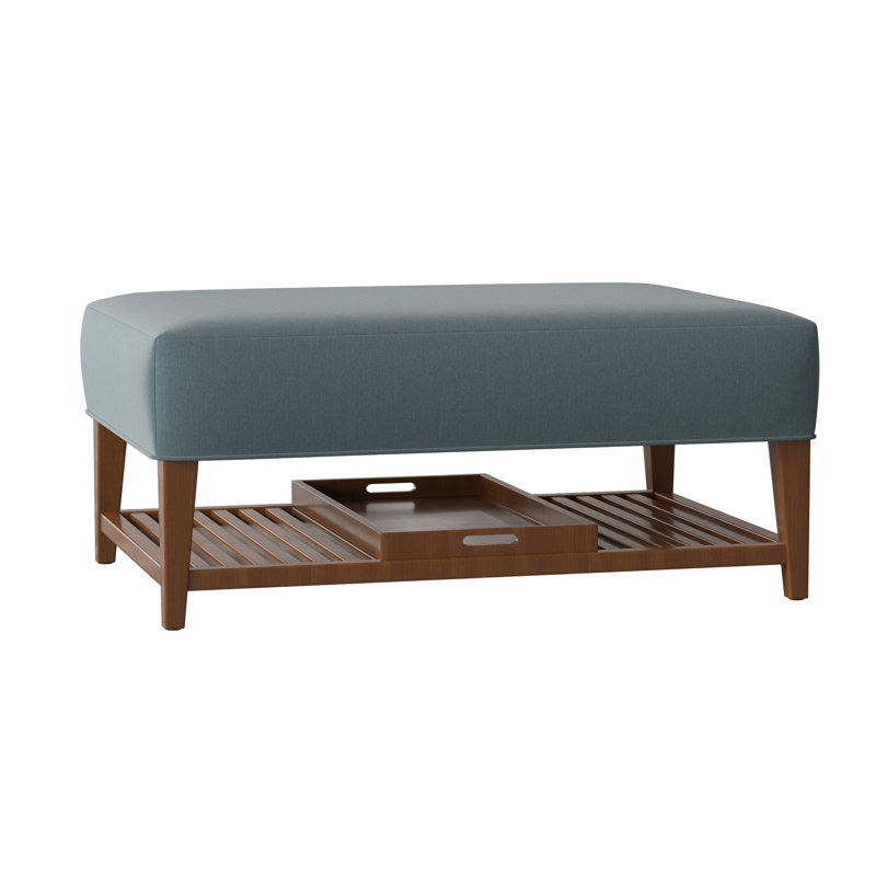 Carly Upholstered Ottoman, Pecan, Peyton 22 Blue Performance Twill