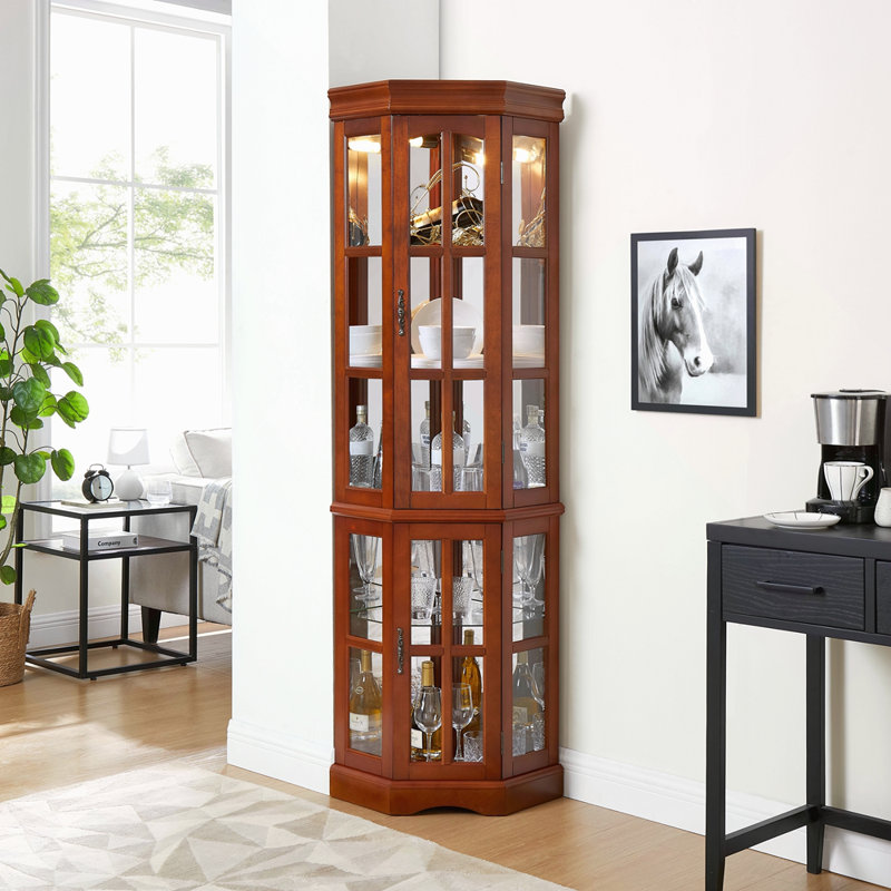 Vitrine de coin avec 5 tablettes et système d'éclairage (ampoule E26 non incluse), Noyer