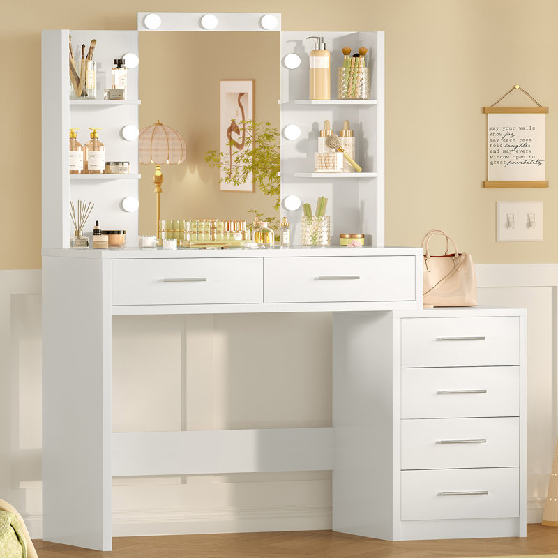 Bureau de coiffeuse avec miroir et lumières, coiffeuse de maquillage avec 6 tiroirs et 4 tablettes de rangement ouvertes, pour femmes filles