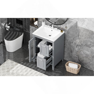 Meuble-lavabo 24 po avec lavabo, meuble-lavabo avec deux tiroirs et porte, tablette réglable, bois massif et panneau de fibres à densité moyenne, noir