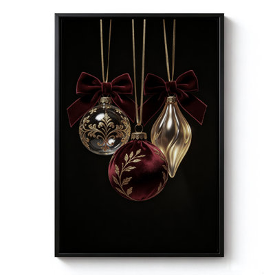 Boules de Noël sur fond noir, toile encadrée, cadre noir, 50 x 75 cm