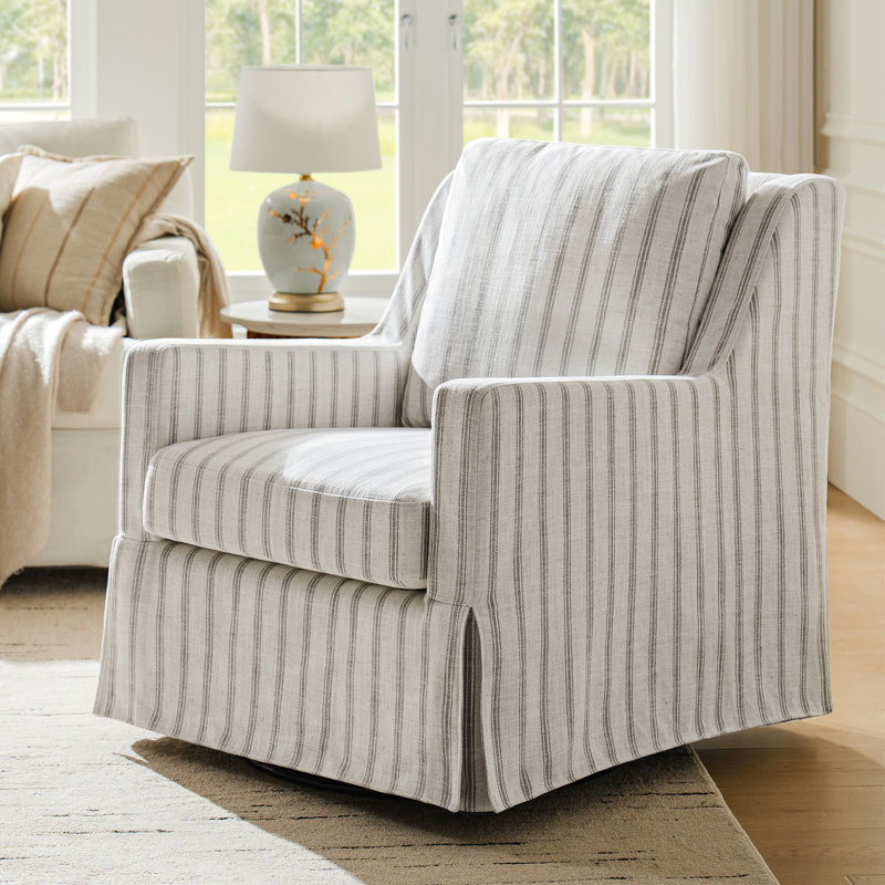 Lillie 30" W Farmhouse Slipcovered Down-blend Swivel Rocking Chair with Pillow Back, Gray Striped
