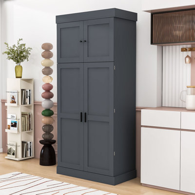 Modern Kitchen Pantry Cabinet with Wine Rack, Power Outlet, Ample Storage and Anti-Tipping Design