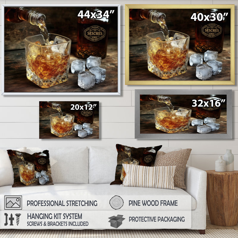 «Glass of Whiskey», impression sur toile, décoration murale de cuisine jaune, H 12 po x l 20 po, Cadre flottant, Doré