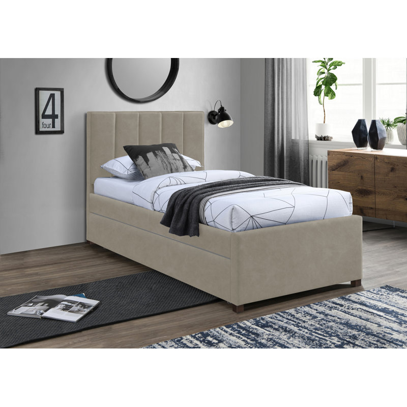 Upholstered Panel Bed, Beige Vegan Leather