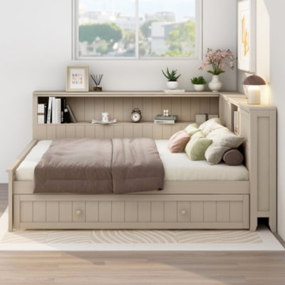 Lit de jour en bois pleine grandeur avec tablettes de rangement et lit gigogne - Lit de jour moderne pour chambre d'amis et chambre à coucher