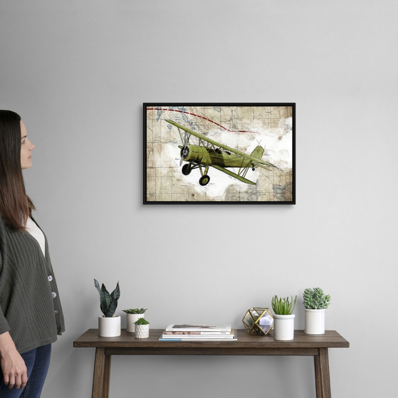Biplane, impression d’art graphique sur toile, H 18 po x l 26 po x P 1,75 po, Toile avec cadre flottant noir
