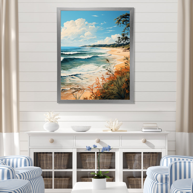 Plage tropicale paradisiaque - art mural plage, H 20 po x l 12 po x P 1 po, Cadre simple argenté