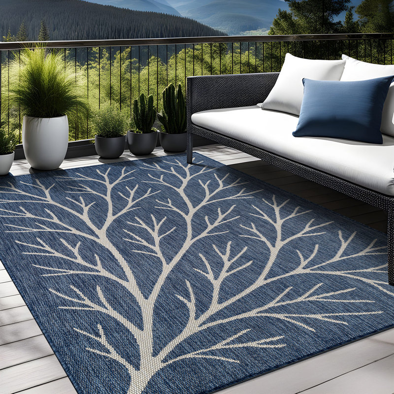 Tapis floral d'intérieur pour l'extérieur, Blue, Rectangle 10' x 14'