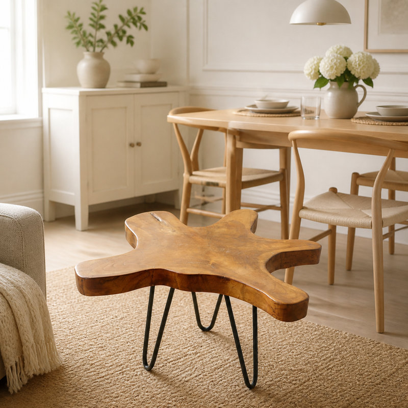 Table d'appoint en teck brun recyclé avec bordure naturelle et pieds en épingle à cheveux noirs