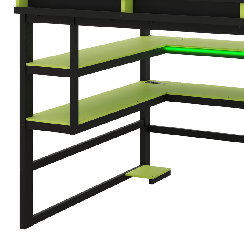 Lit mezzanine double en bois avec bureau intégré, support de rangement latéral, plusieurs tablettes et système d'éclairage RVB
