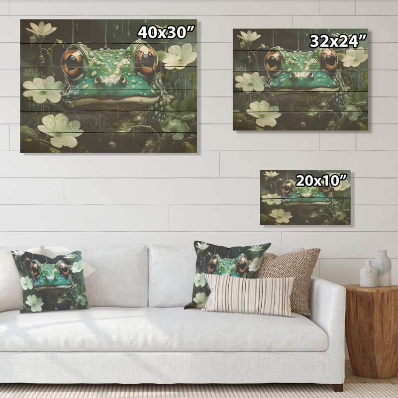 Adorable portrait de grenouille à l'étang I - grenouilles et crapauds, art mural sur bois de pin naturel, H 24 po x l 32 po
