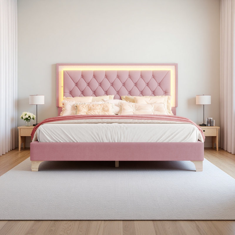 Grand cadre de lit tapissier grand avec lumières DEL, lit plateforme moderne en velours avec tête de lit capitonnée, Rose