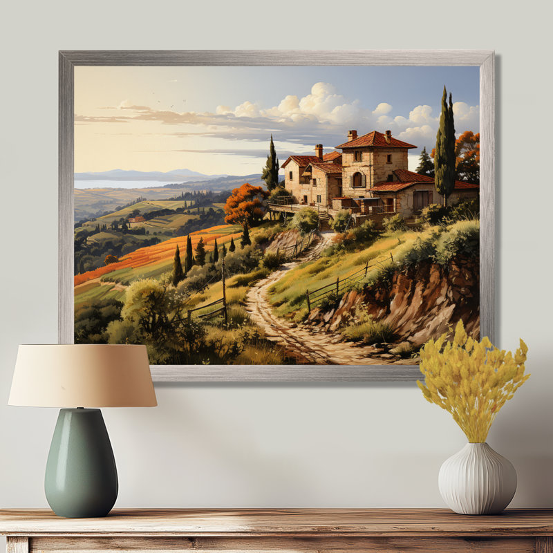 «Country Charm Tuscan Splendor», art mural campagne, H 12 po x l 20 po x P 1 po, Encadrement argenté