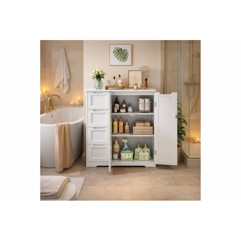 31.5" Freestanding MDF Bathroom Storage Cabinet with 4 Drawers, Adjustable Shelf, Double Doors and Anti-Tip Kit, Silver
