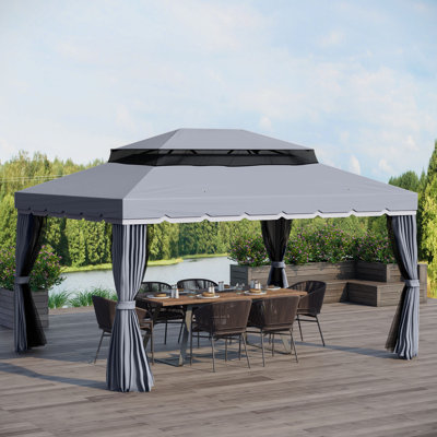 3 X 4m Dark Grey Two-tier Gazebo, Aluminium Frame Pergola With Pa Coated Canopy, Privacy Curtains And Mosquito Netting For Patio Garden Bbq