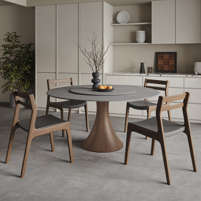 Farmhouse Glossy Sintered Stone Round Dining Table With Removable Lazy Susan Solid Wood Pedestal Base, Gray