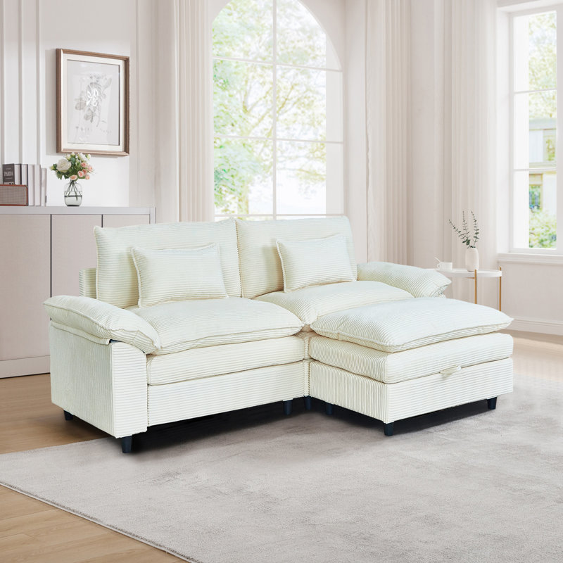 Canapé moderne avec repose-pieds Comfort, Velours côtelé beige, H 36,6 po x l 84,6 po x P 31,9 po
