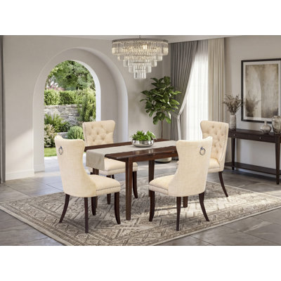 Ensemble de coin-repas 5 pièces comprenant une table de cuisine rectangulaire avec rallonge amovible et 4 chaises rembourrées, acajou