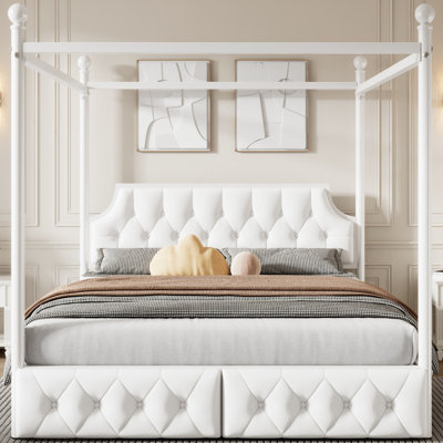 White Metal Canopy Bed With Storage