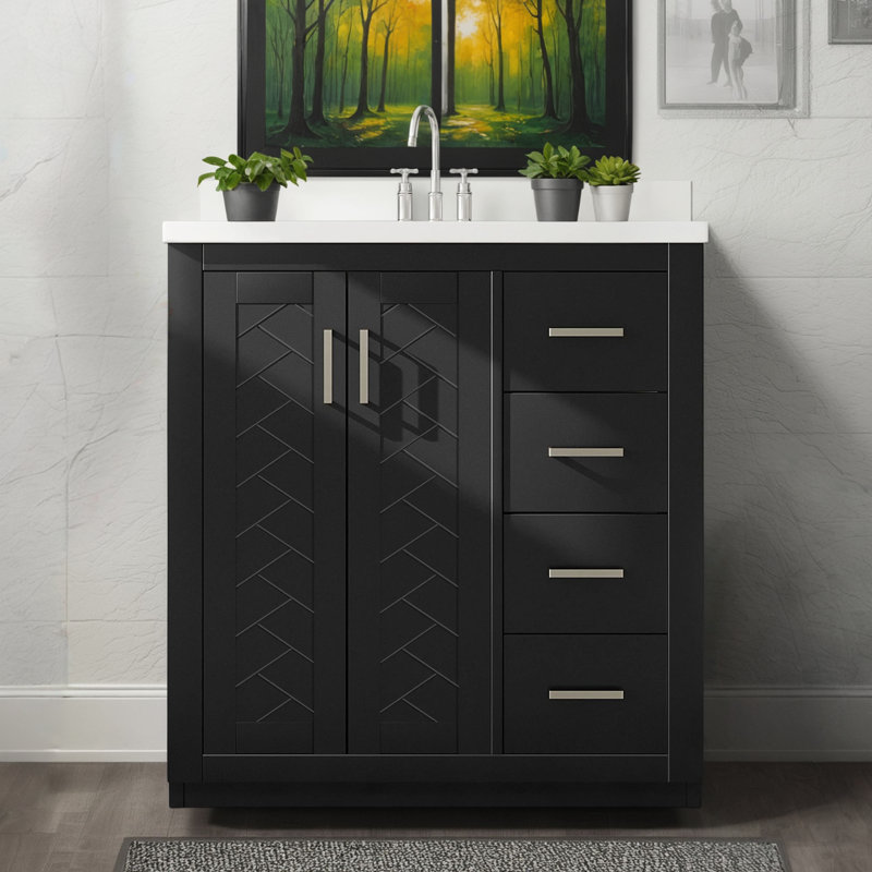 Ensemble de meuble-lavabo autoportant (30 po): ensemble de lavabo en céramique + armoire de rangement à cadre en bois massif, 3 tiroirs + porte à fermeture en douceur