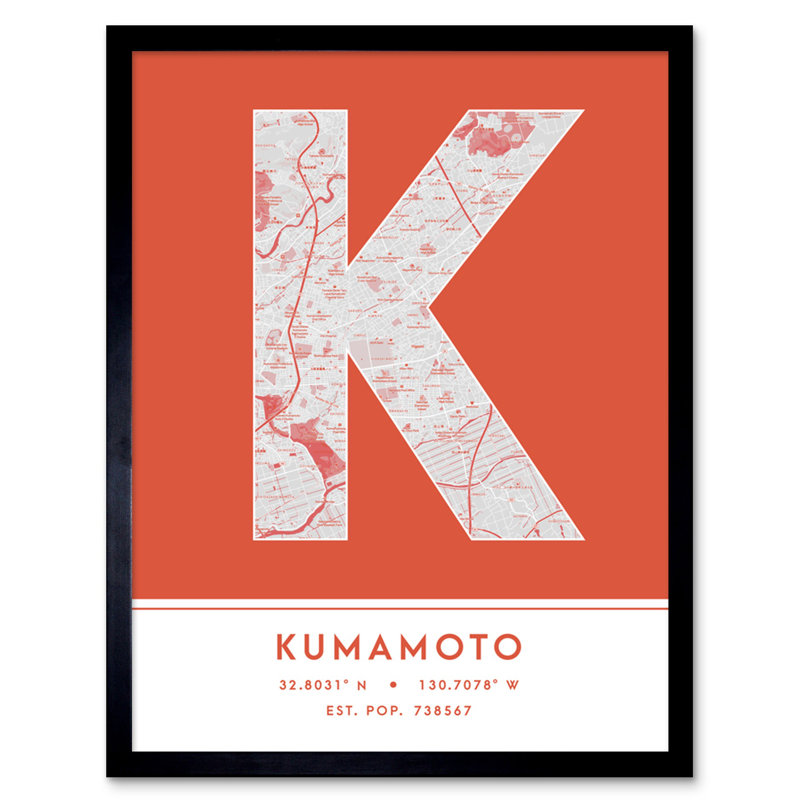 Kumamoto City Map Kumamoto Orange - Single Picture Frame Typography