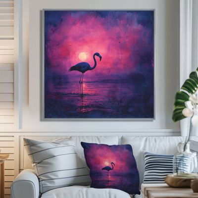 Lavande, silhouette de flamant rose dans la nuit III - flamant rose, art mural